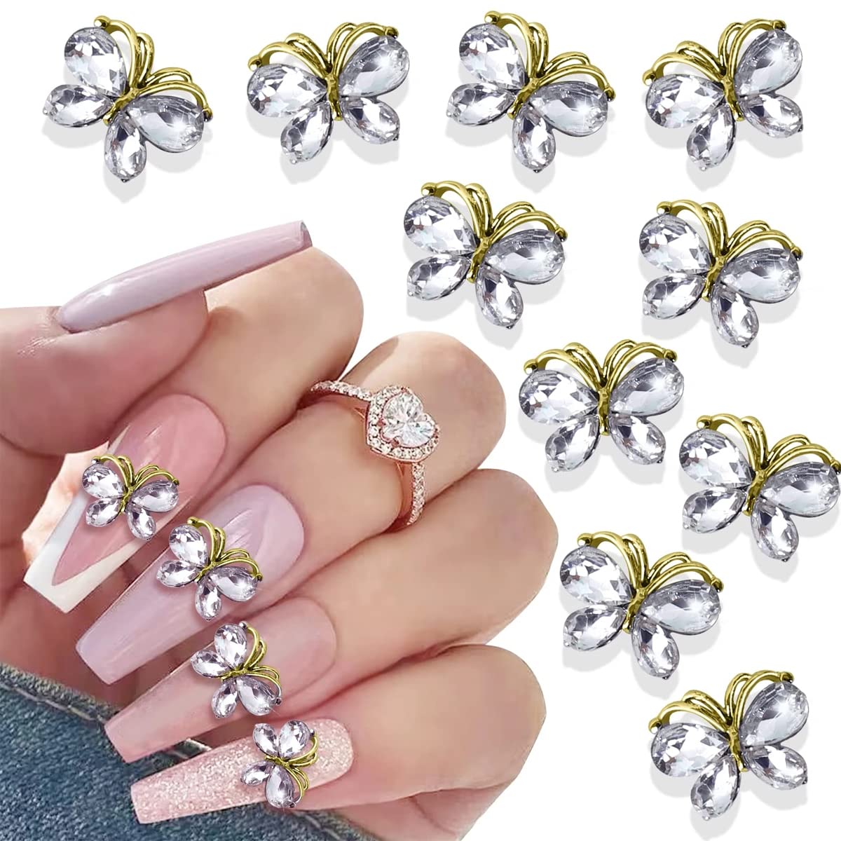 10 dijes de aleación 3D de mariposa para uñas, gemas de uñas, diamantes de imitación brillantes con forma de mariposas de cristal, accesorios para