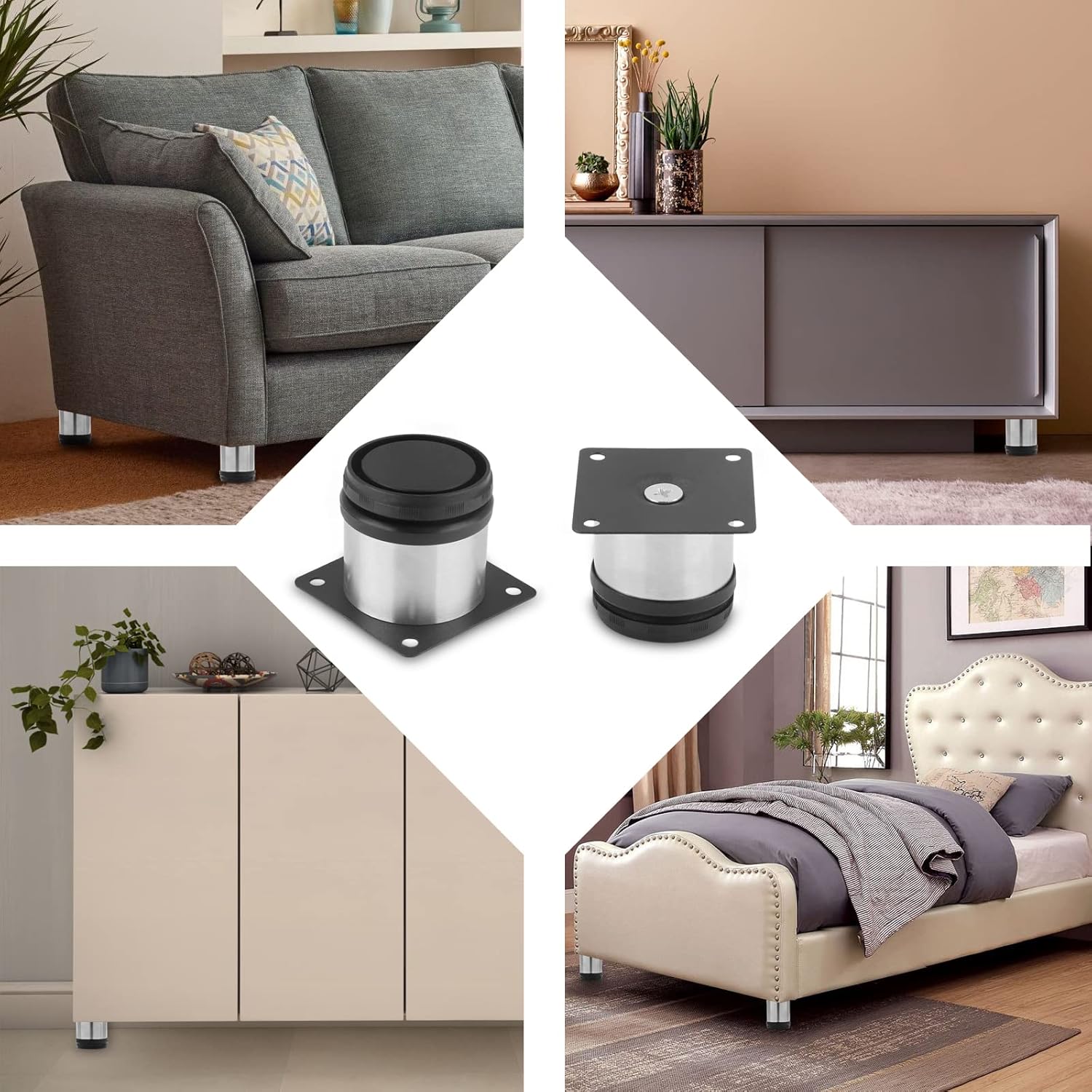 Qjaiune Patas ajustables para muebles de 2.4 pulgadas  2.362 in, juego de 4, patas redondas de metal de acero inoxidable de 2 pulgadas de diámetro,