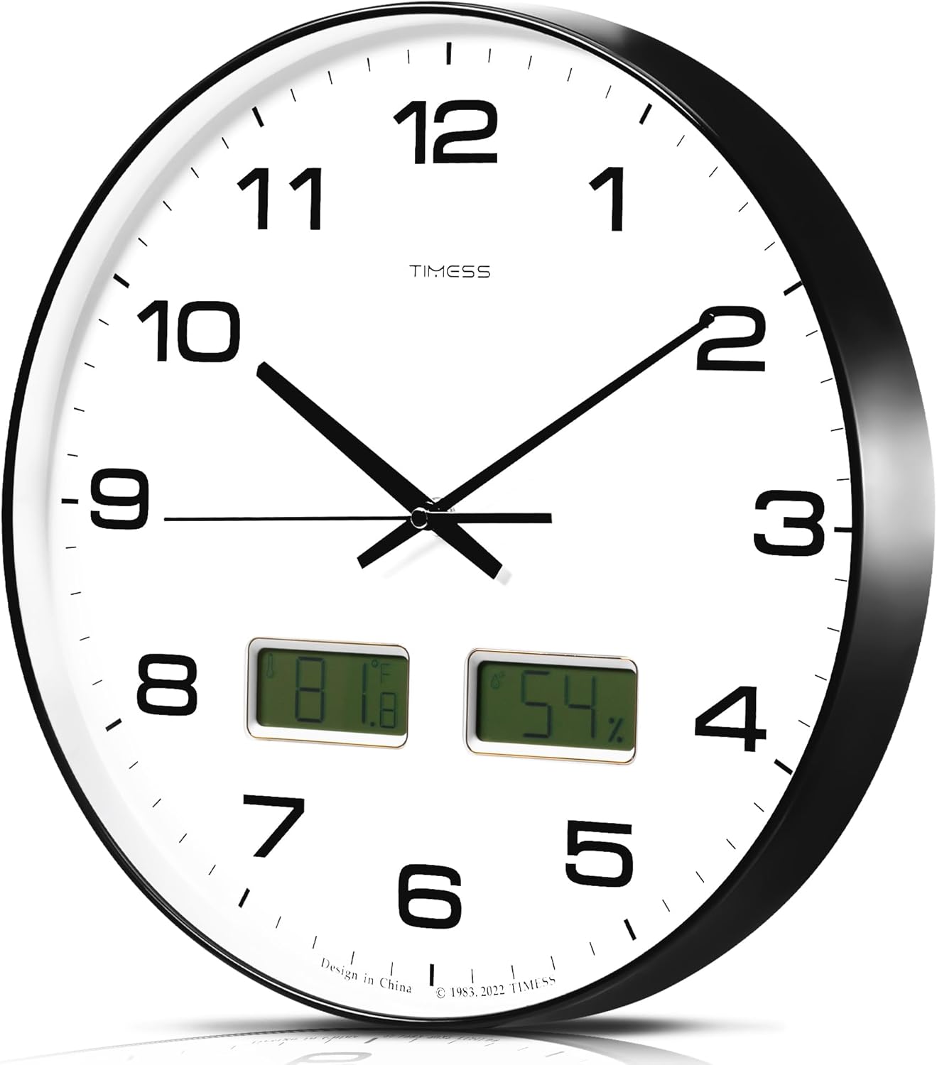 Reloj de pared, esfera grande de 14 pulgadas, silencioso, funciona con pilas, analógico con pantalla LCD dual para temperatura y humedad