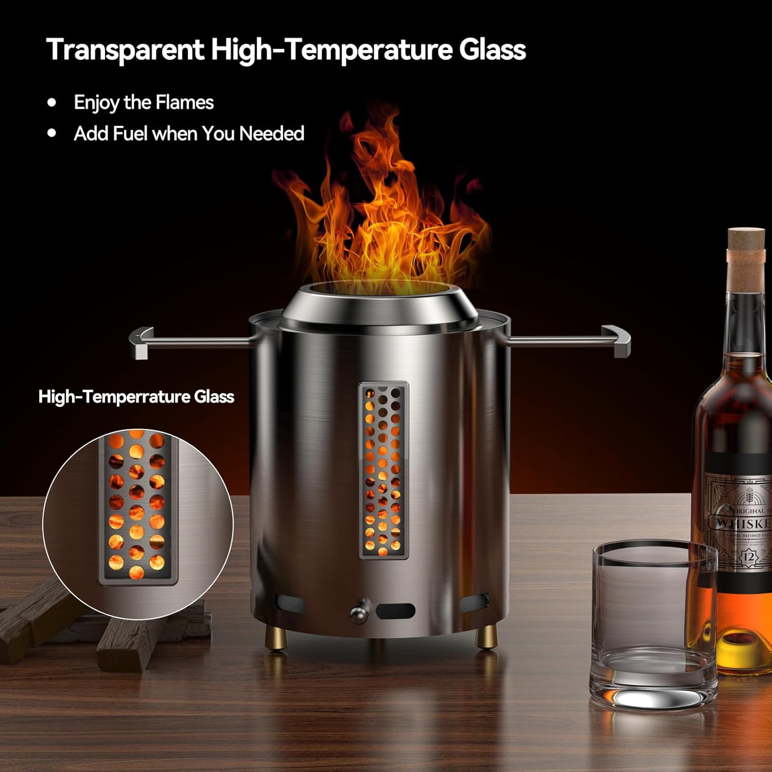 Fogata de mesa con vidrio transparente, hoguera de mesa sin humo con cenicero extraíble y asas resistentes al calor para camping, H 9″ x D 6.6″, 4.3