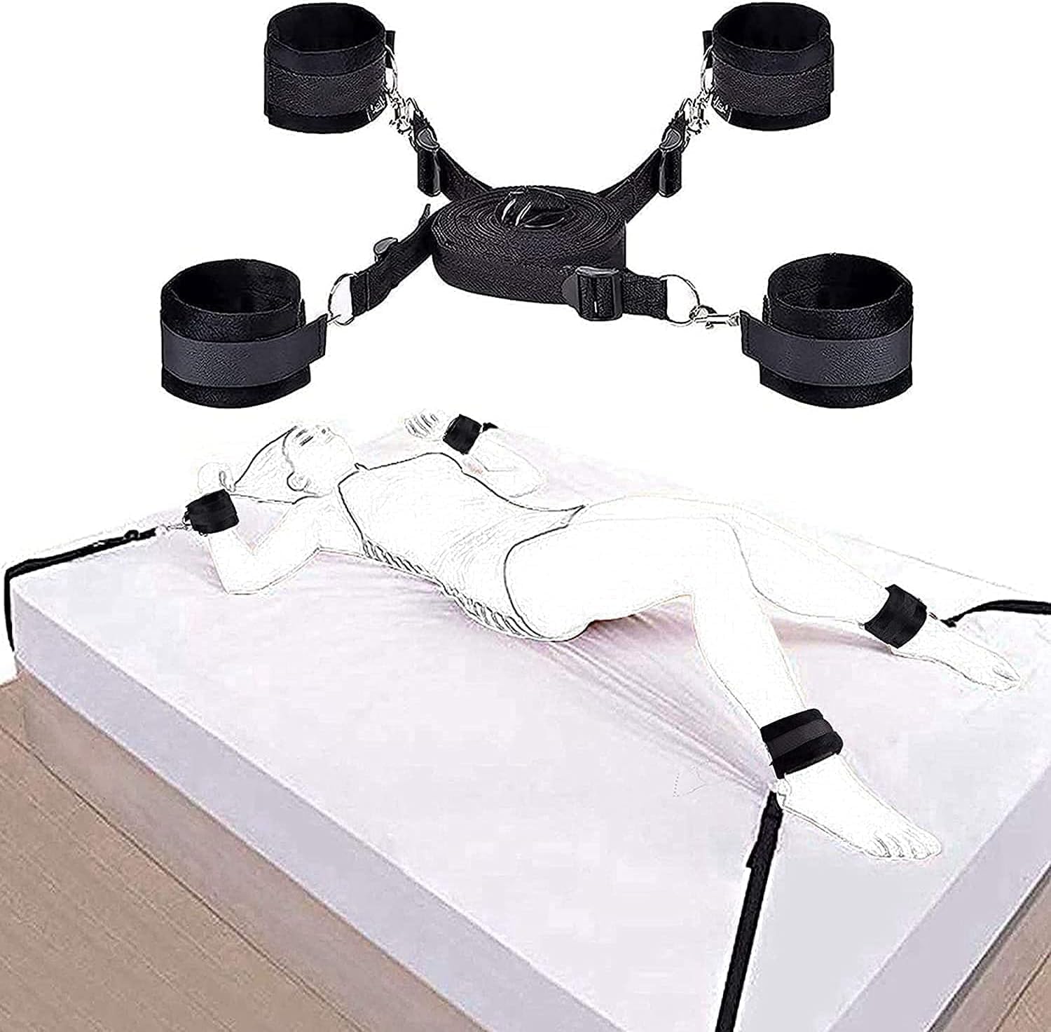 Kit sexual de restricciones para la cama para parejas, debajo de la cama, tamaño King, correas y restricciones sexis ajustables, atadas, brazos y