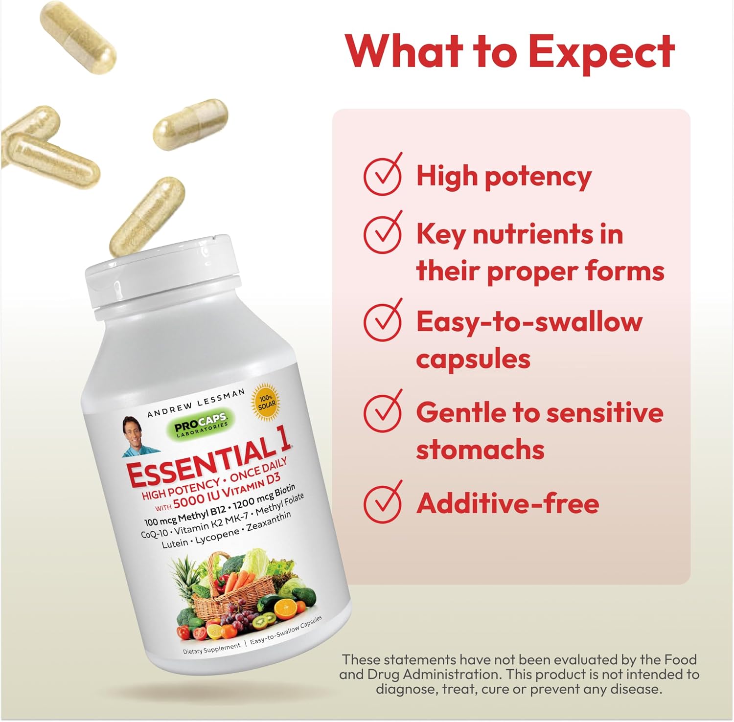 ANDREW LESSMAN Essential-1 Multivitamínico 5000 UI Vitamina D3 60 Cápsulas Pequeñas  100 mcg de Metil B12. Luteína Licopeno Zeaxantina CoQ10. Alta
