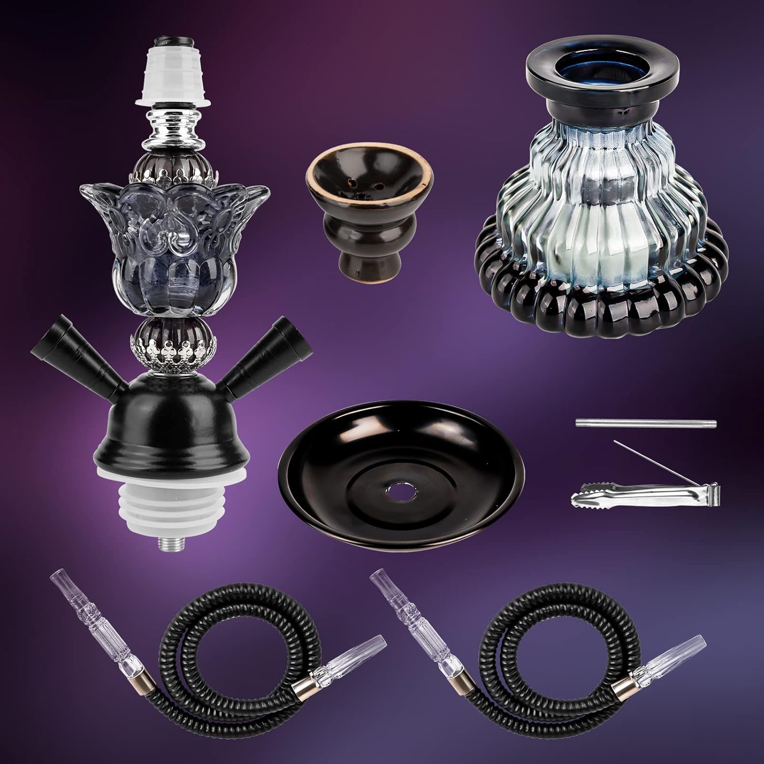 Juego de 2 mangueras de cachimba  Juego de cachimba pequeño de 11 pulgadas con jarrón de vidrio, cuenco de cerámica, manguera de cuero, pinzas de