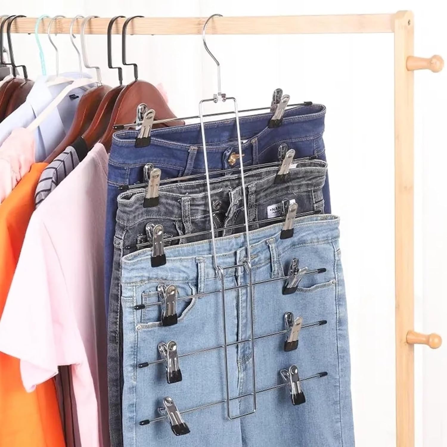 Paquete de 2 perchas para faldas, rotación de 360, 6 niveles, organizador de armario, perchas para ahorrar espacio con clips para pantalones,