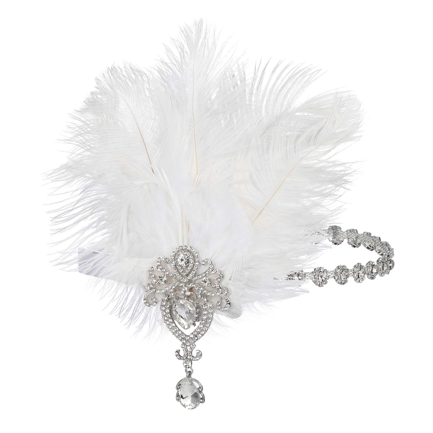 SWEETV Diadema de plumas de los años 20, color marfil, diadema de cristal de plumas de avestruz, accesorios para el cabello de gran Gatsby para