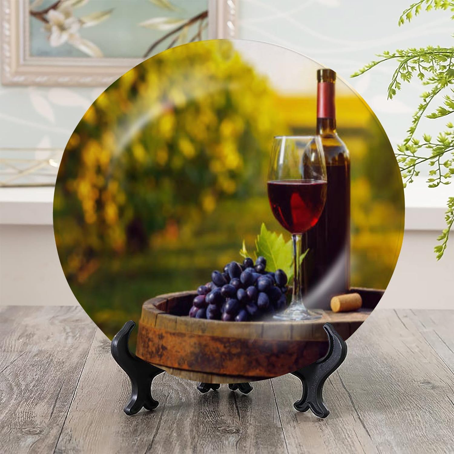 Placa de cerámica para colgar en la pared, copa de vino tinto, uva, barril de madera, pintura de viñedo, placa decorativa, plato de porcelana para