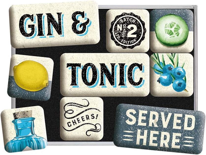 Nostalgic-Art Imanes de nevera estilo retro, Gin & Tonic Served Here  Idea de regalo para aficionados al cóctel, juego de imanes para tablero de
