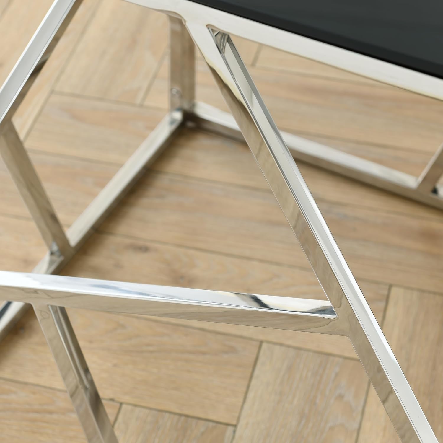 Moderna mesa rectangular de cristal con tapa de vidrio templado negro y marco de acero inoxidable para sala de estar y dormitorio, cromo pulido