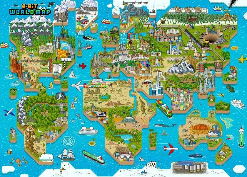 Rompecabezas para niños de 4 a 8 años, rompecabezas de mapa del mundo de 180 piezas, estilo retro de 8 bits, rompecabezas para niños con 50 personas