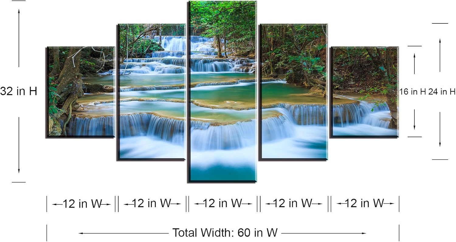 SZ – Lienzo decorativo para pared en cascada para sala de estar, 5 piezas de impresiones de estanque relajante en bosque tropical (montaje con