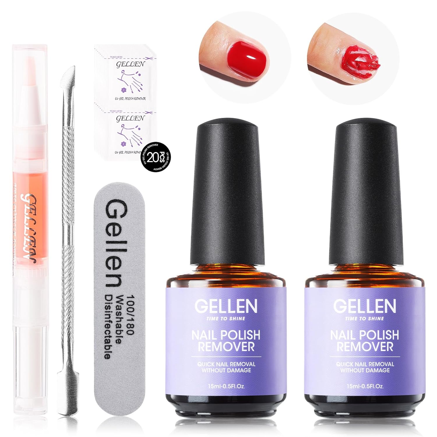 Gellen Removedor de esmalte de uñas de gel, 2 unidades con empujador de cutículas y aceite de cutícula, eliminación rápida y fácil del esmalte de