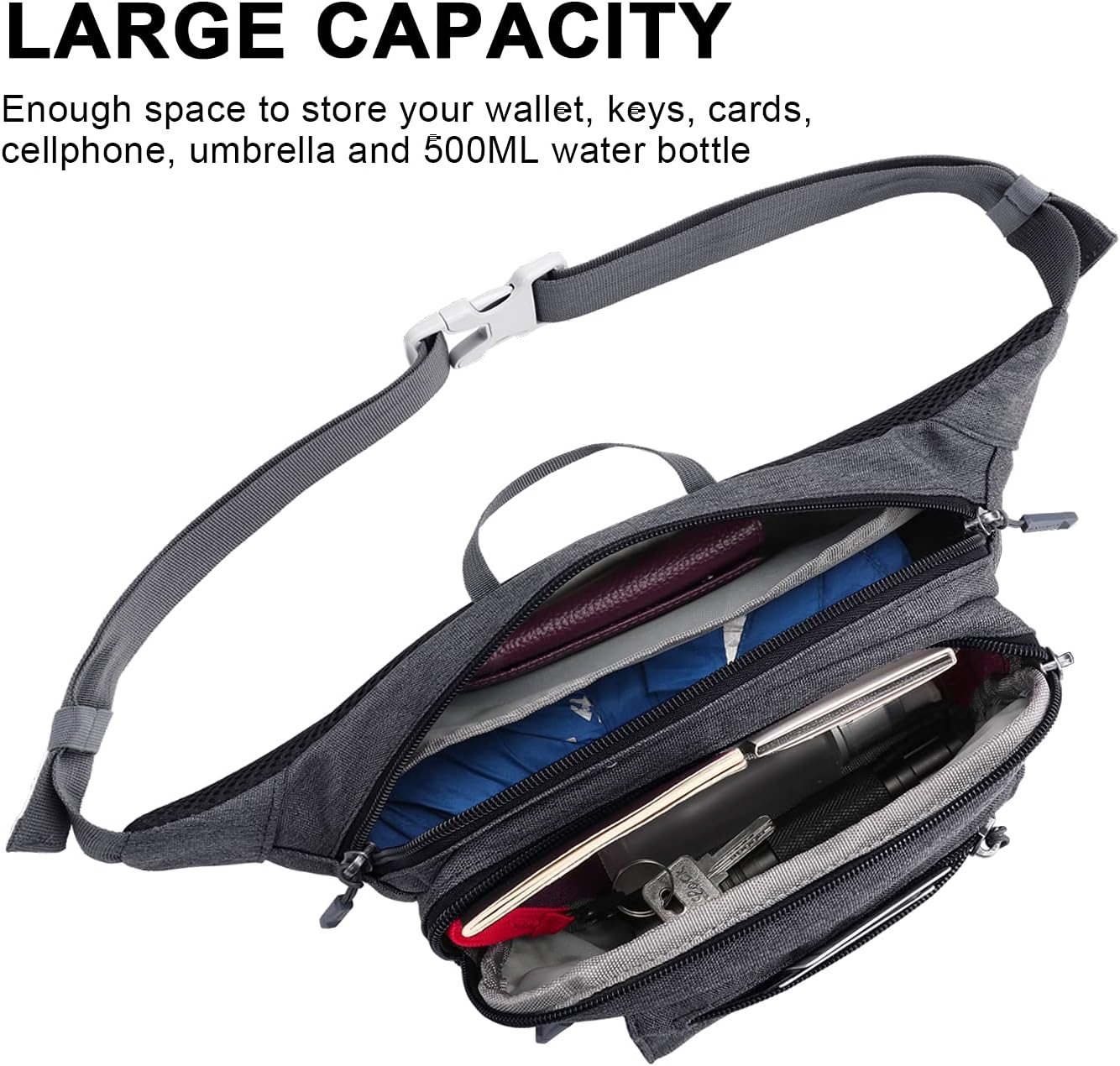 WATERFLY Riñonera Riñonera Bolsa de cadera para corredor, bolsa para correr, cinturón para correr, mochila para caminar, trotar, mujer y hombre, Gris