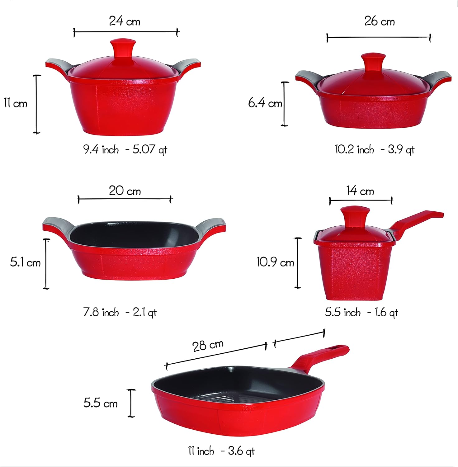 Luxury Cast Aluminum Complete “Cookware Set”  Premium Design  – Nonstick, All Stovetops (Matrix) (Induction) (11 Pcs – Ceramic Red)