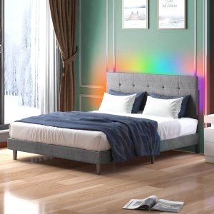 Mjkone Full Size Bed Frame with Smart RGB LED Lights Button Tufted Bed Frames with Adjustable Headboard Linen Fabric Upholstered Platform Bed No Box Mjkone Full Size Bed Frame with Smart RGB LED Lights Button Tufted Bed Frames with Adjustable Headboard Linen Fabric Upholstered Platform Bed No Box
