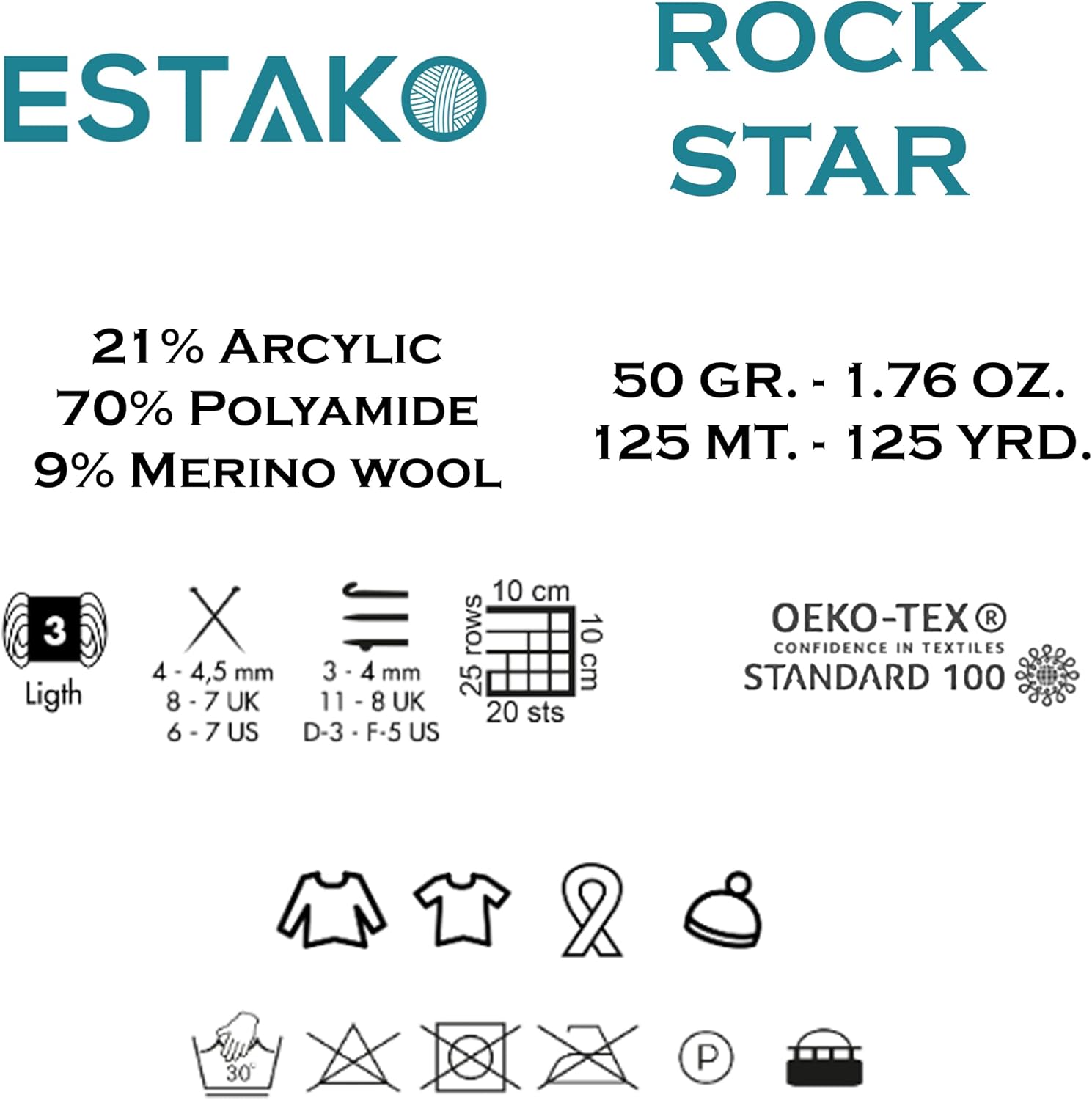 Estako Rock Star (paquete de 6 madejas) 9% lana merina, 70% poliamida, 21% acrílico ligero, hilo de ganchillo ligero DK (6 x 1.76 onzas) (6 x 125