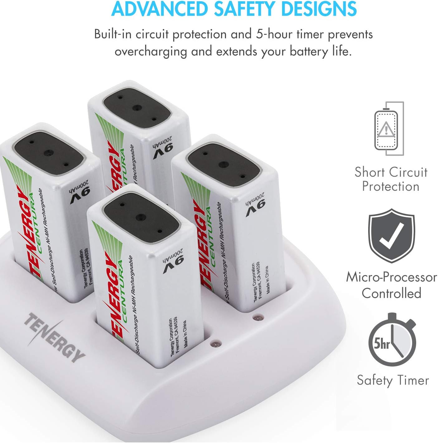 Tenergy TN136 9V Cargador de batería 4 ranuras con 200mAh Centura (LSD) 4 unids NiMH baterías recargables 9V para sistema de alarma detector de humo