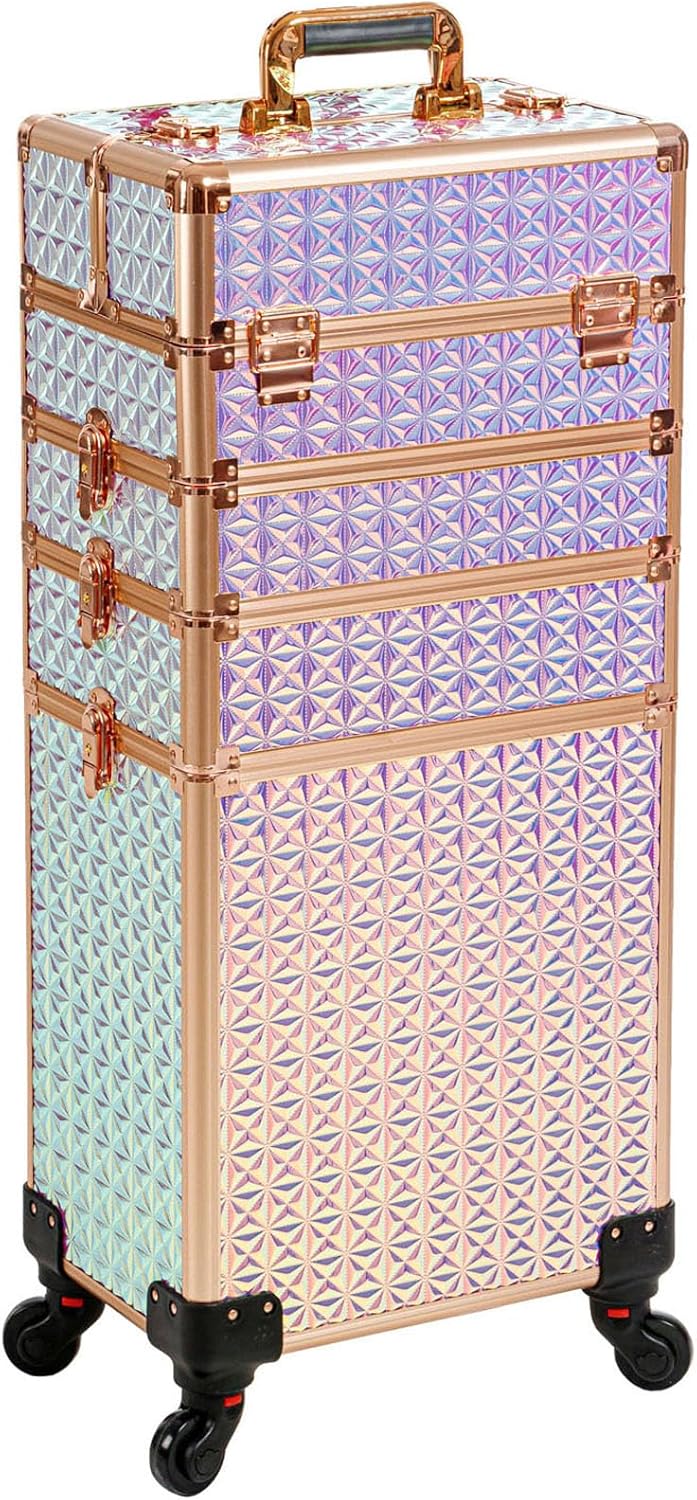 Estuche de maquillaje profesional 5 en 1, estuche de aluminio para cosméticos, estuche de maquillaje con ruedas giratorias de 360 , Con color,