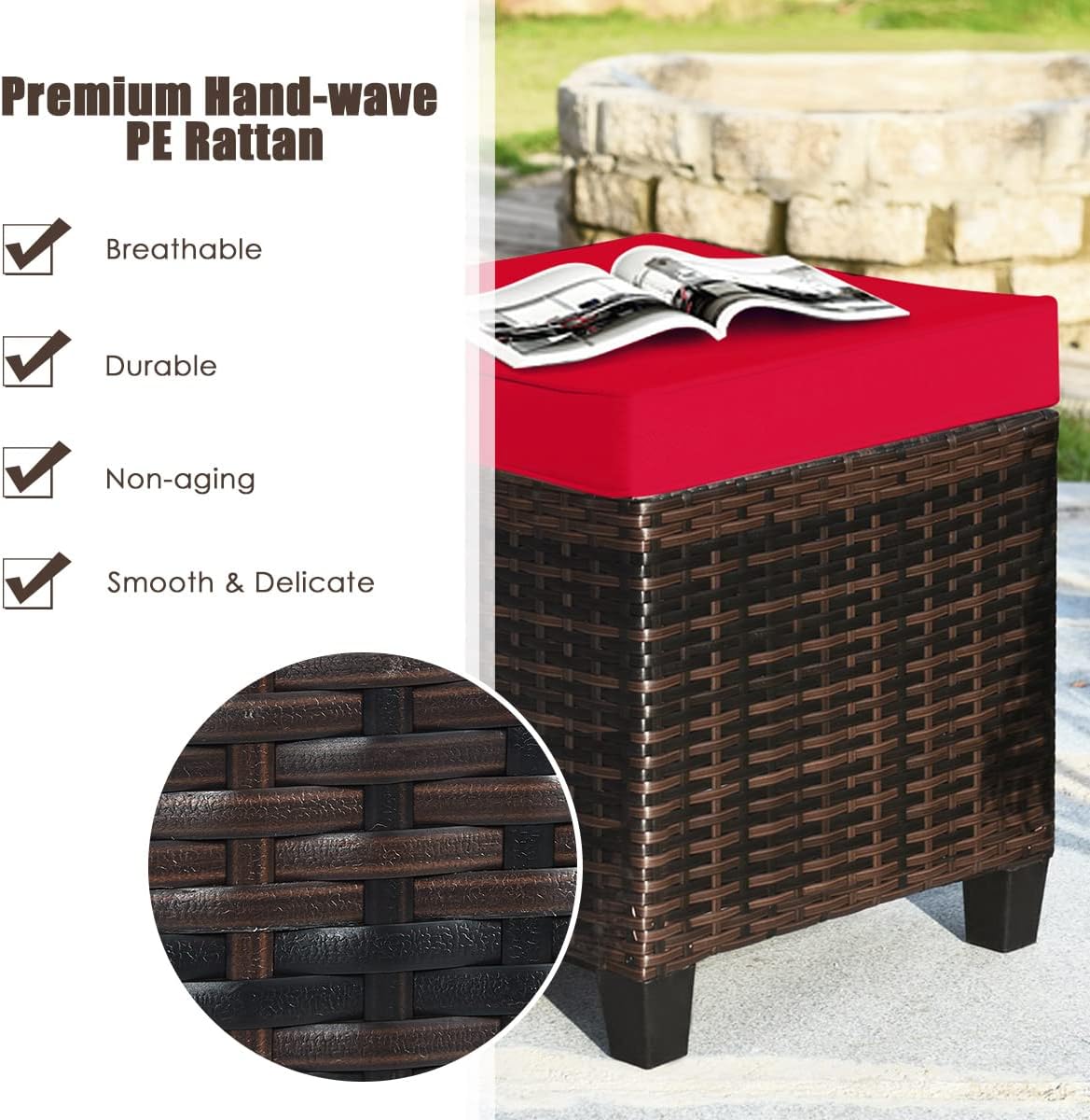 HAPPYGRILL Juego de 2 piezas otomanas de mimbre de ratán para exteriores, con cojines extraíbles, muebles de patio, reposapiés, asiento para