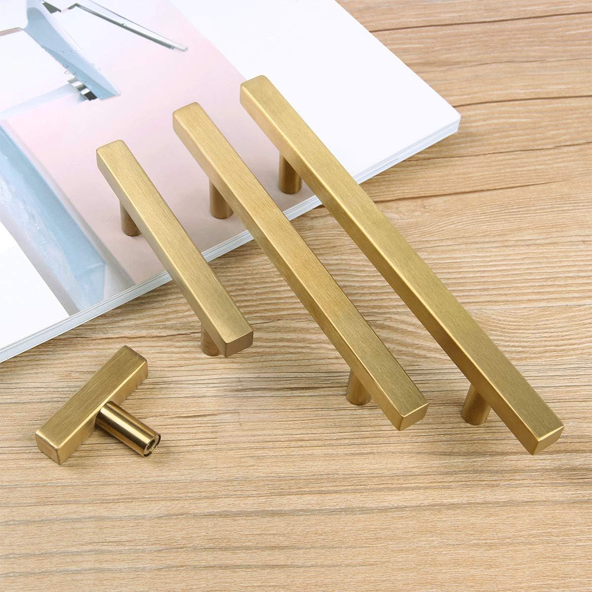 Perillas en forma de T cuadradas, latón, dorado cepillado para cajones, gabinetes, puertas de estantes, Dorado