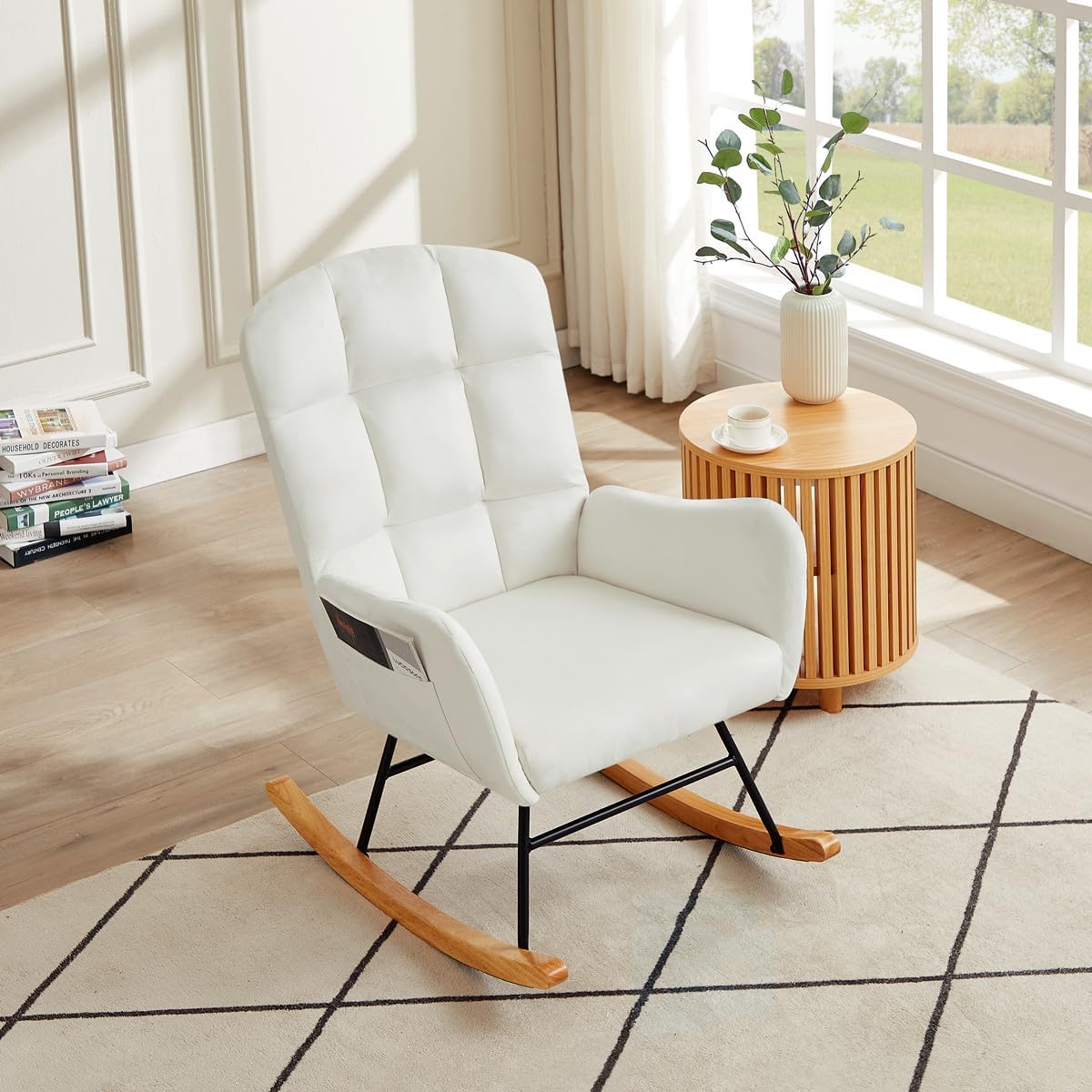 Mecedora para guardería, silla deslizadora tapizada con respaldo alto para sala de estar, dormitorio, oficinas (terciopelo blanco)
