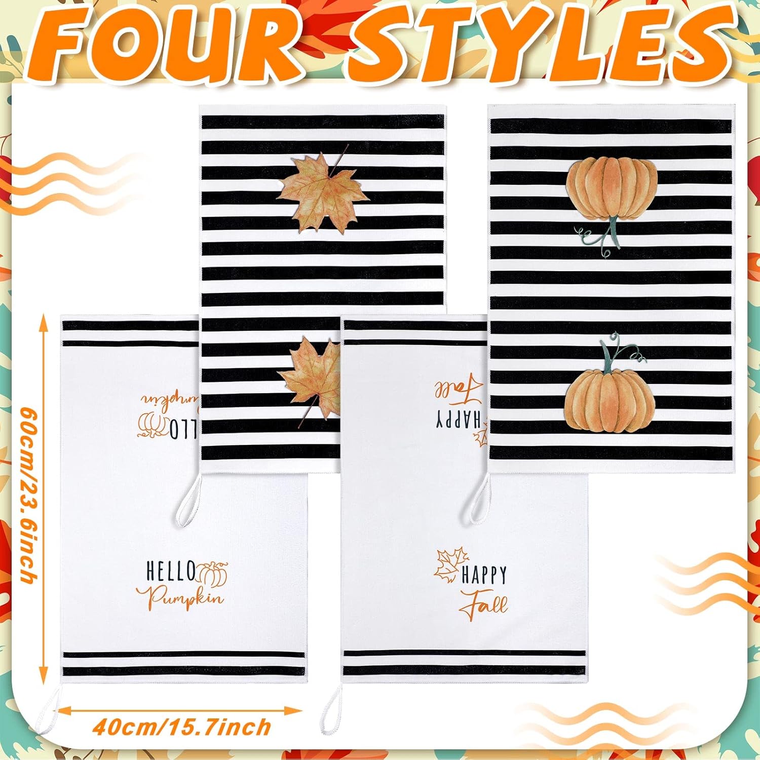 Buryeah 4 toallas absorbentes de mano de otoño, paños de cocina de calabaza, hojas de otoño, camión, paños de té, toallas de otoño a rayas para