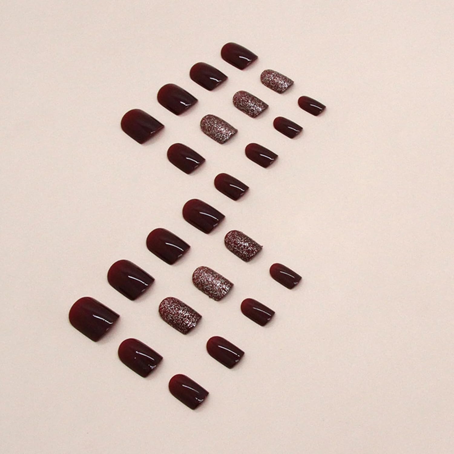 Uñas postizas cortas a presión color burdeos, uñas acrílicas de color sólido, uñas postizas de otoño, uñas postizas de forma cuadrada, uñas con