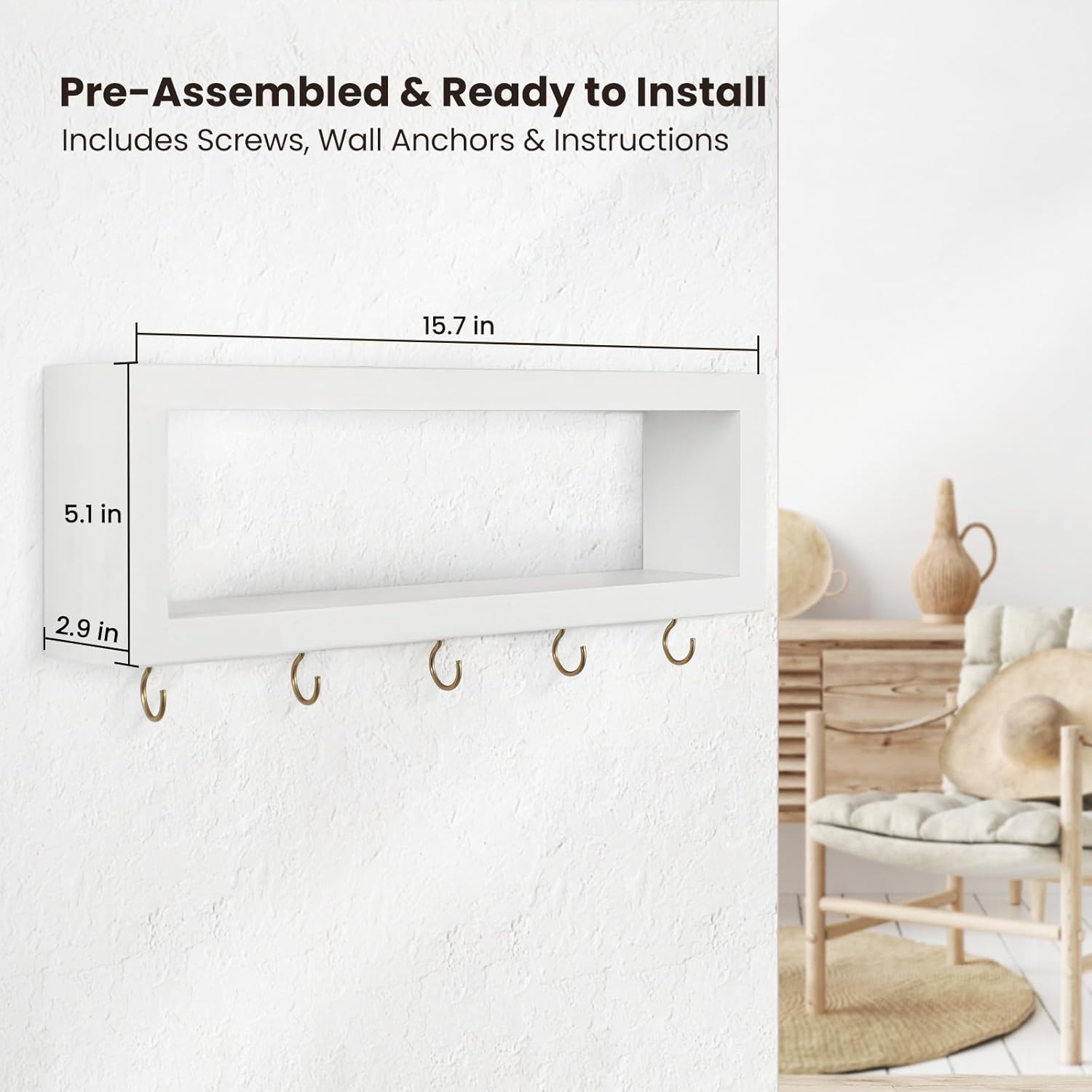 Estante de pared con ganchos  Soporte decorativo para llaves y cartera para pared para gafas de sol, correas, bufandas y cordones  15.7 x 5.1 x 2.9
