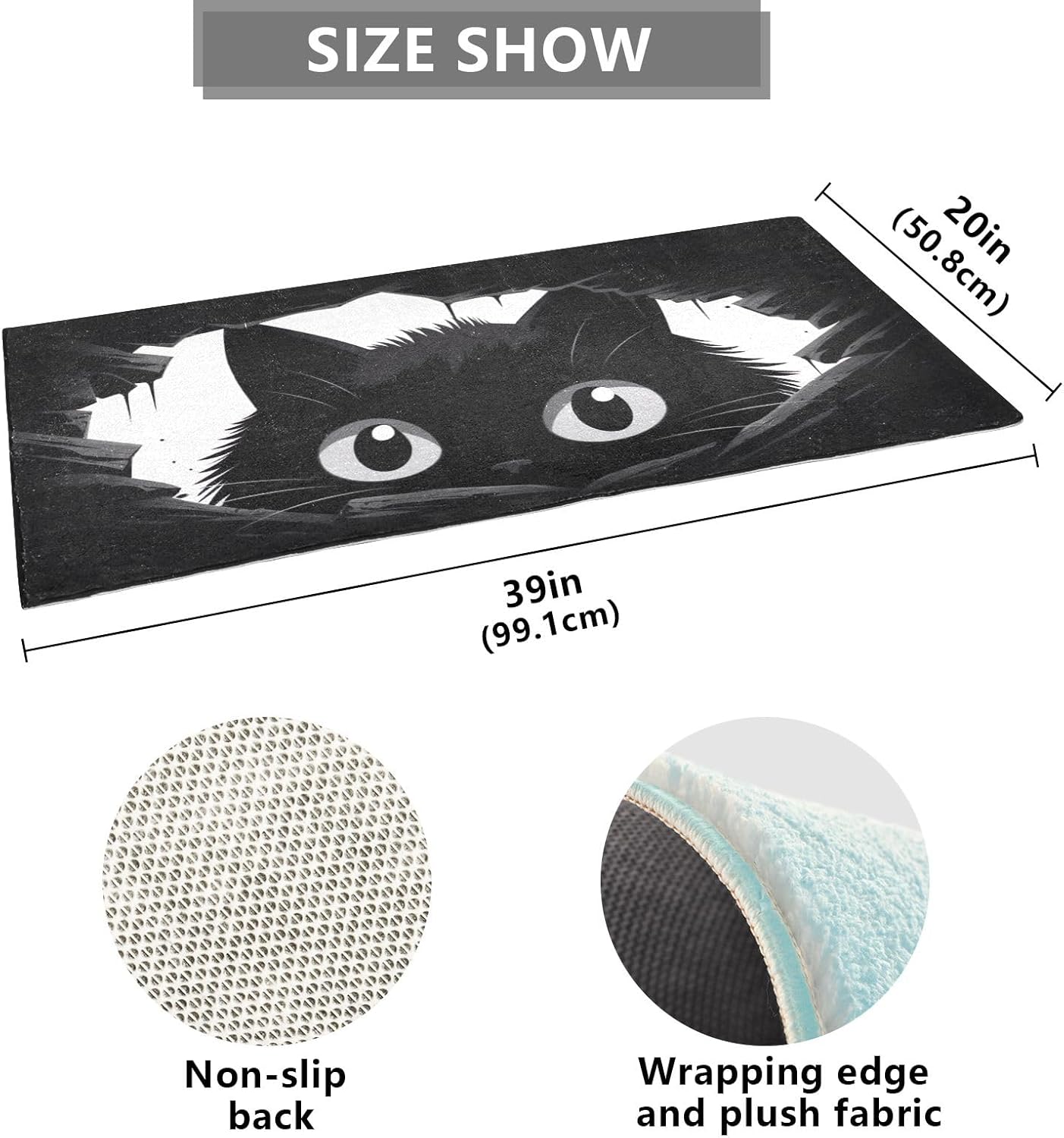 Joisal Tapete de felpa con diseño de gato negro para baño, absorbente antideslizante, tapete de baño lavable con parte trasera de goma, 39 x 20