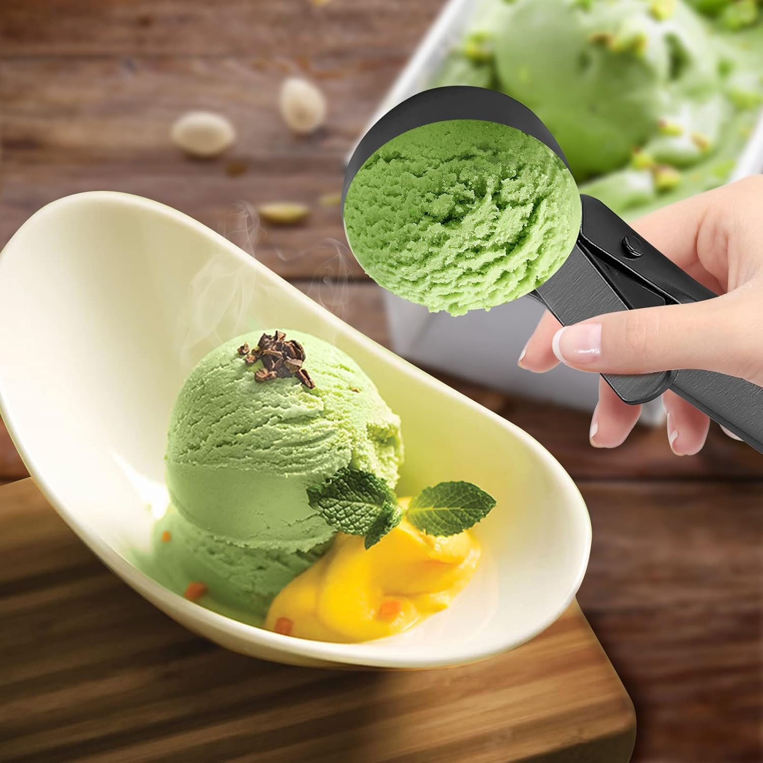 Cuchara de helado de acero inoxidable con cucharas de helado con gatillo, perfecta para yogur congelado, gelatos, helados (negro)