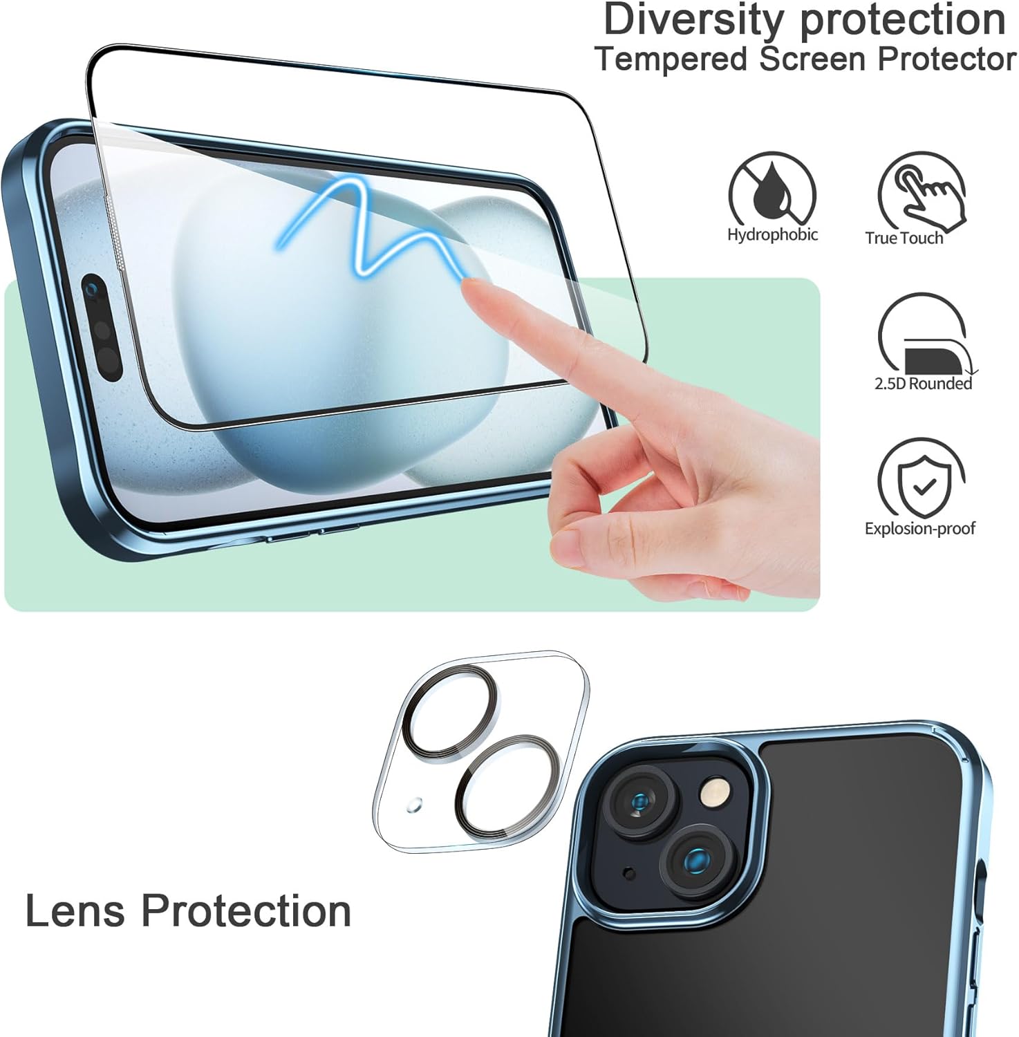 Foluu Funda ultradelgada para iPhone 15 Plus de 6.7 pulgadas con protector de pantalla de vidrio templado y protector de lente de cámara, chapado