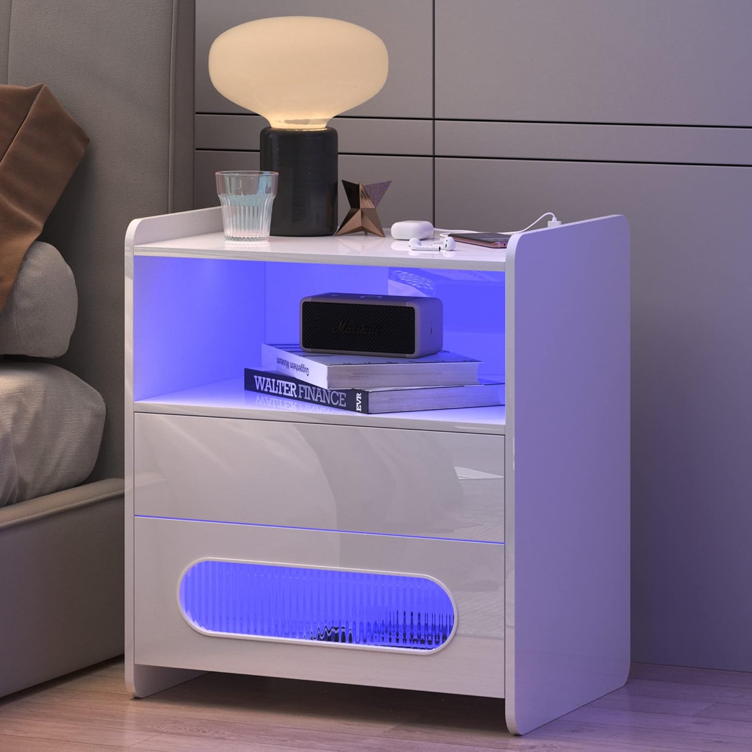 dnbss Mesita de noche LED RGB con estación de carga, moderna mesita de noche con cajones de almacenamiento de joyas, soporte de noche inteligente