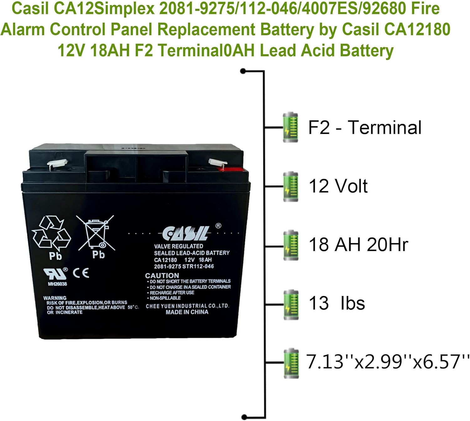 Casil Batería de repuesto de terminal F2 de 12 V 18 Ah compatible con panel de control de alarma de incendio Simplex 112-046, paquete de 2