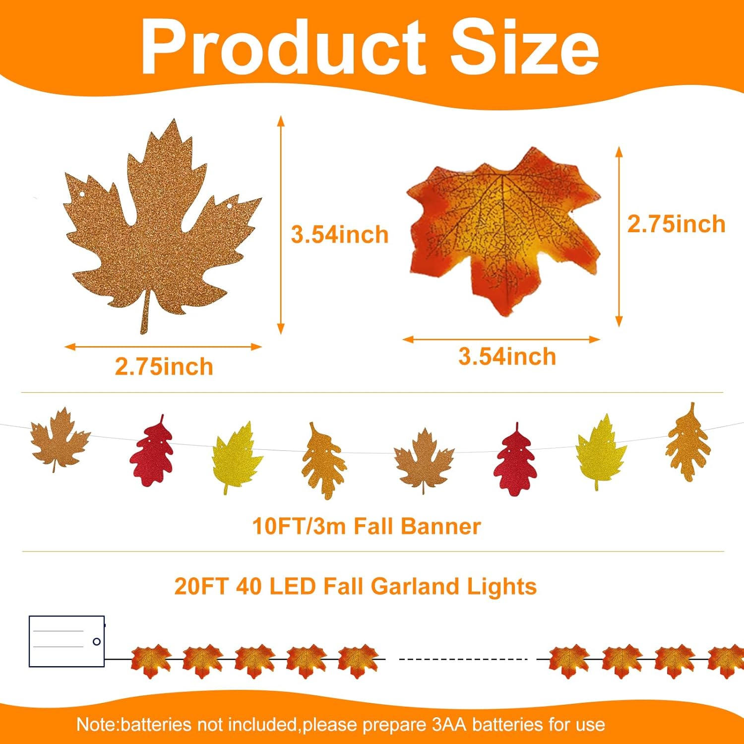 Decoraciones de otoño, guirnalda de oropel con purpurina de 33 pies y 40 luces LED de hojas de arce, hojas de arce artificiales para bodas,