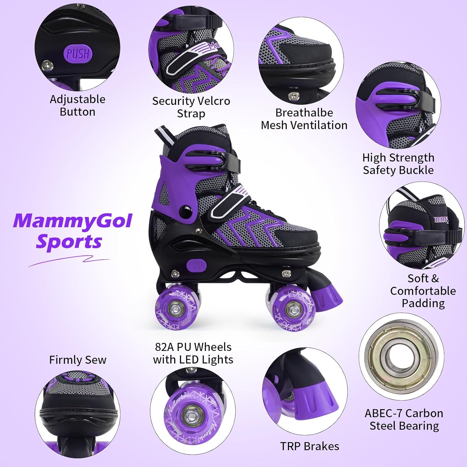 MammyGol Patines de ruedas para niños y niñas, 4 tamaños ajustables para niños y jóvenes, con todas las ruedas iluminadas, patines cuádruples para