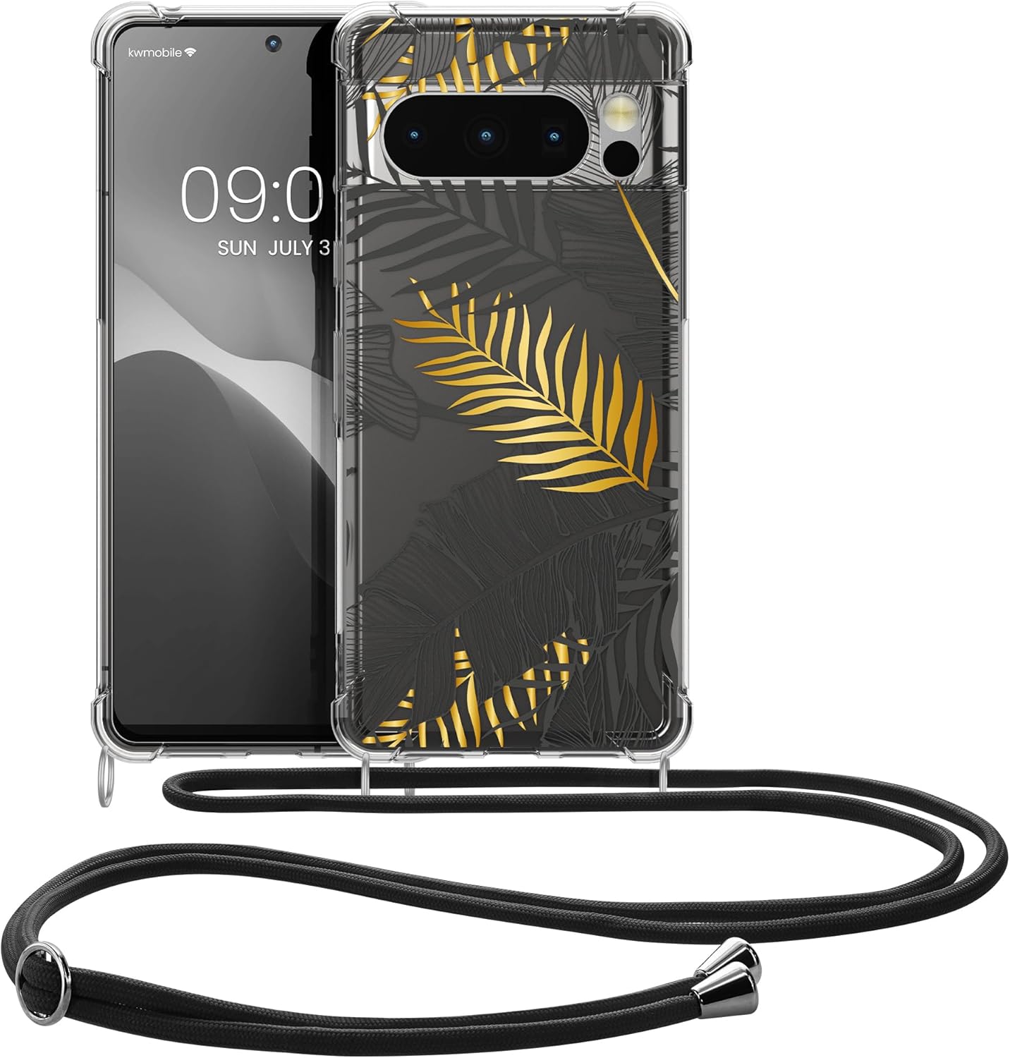 kwmobile Funda cruzada compatible con Google Pixel 8 Pro, diseño de hojas de palmera, color amarillogristransparente