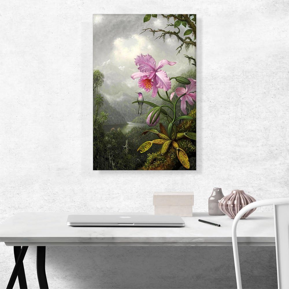 ARTCANVAS Martin Johnson Heade – Póster de colibrí encaramado en la planta de orquídea 1901, pintura enmarcada estirada, póster para decoración de