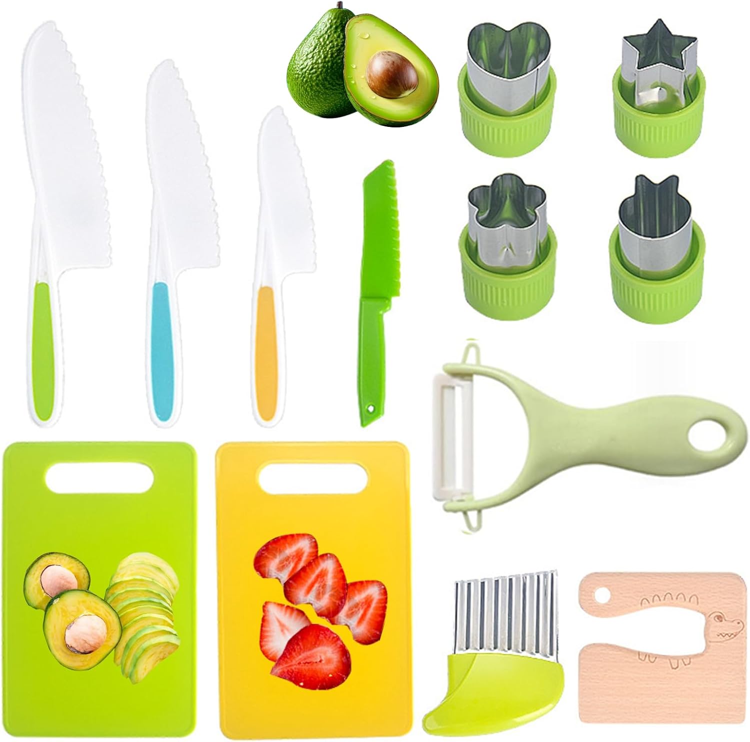 13 piezas Montessori Herramientas de cocina para niños pequeños, juegos de cocina reales para niños pequeños, juego de cuchillos seguros para
