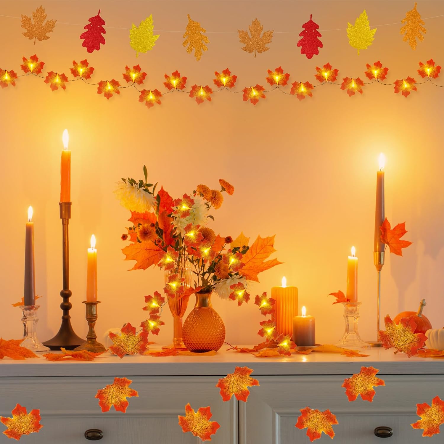 Decoraciones de otoño, guirnalda de oropel con purpurina de 33 pies y 40 luces LED de hojas de arce, hojas de arce artificiales para bodas,