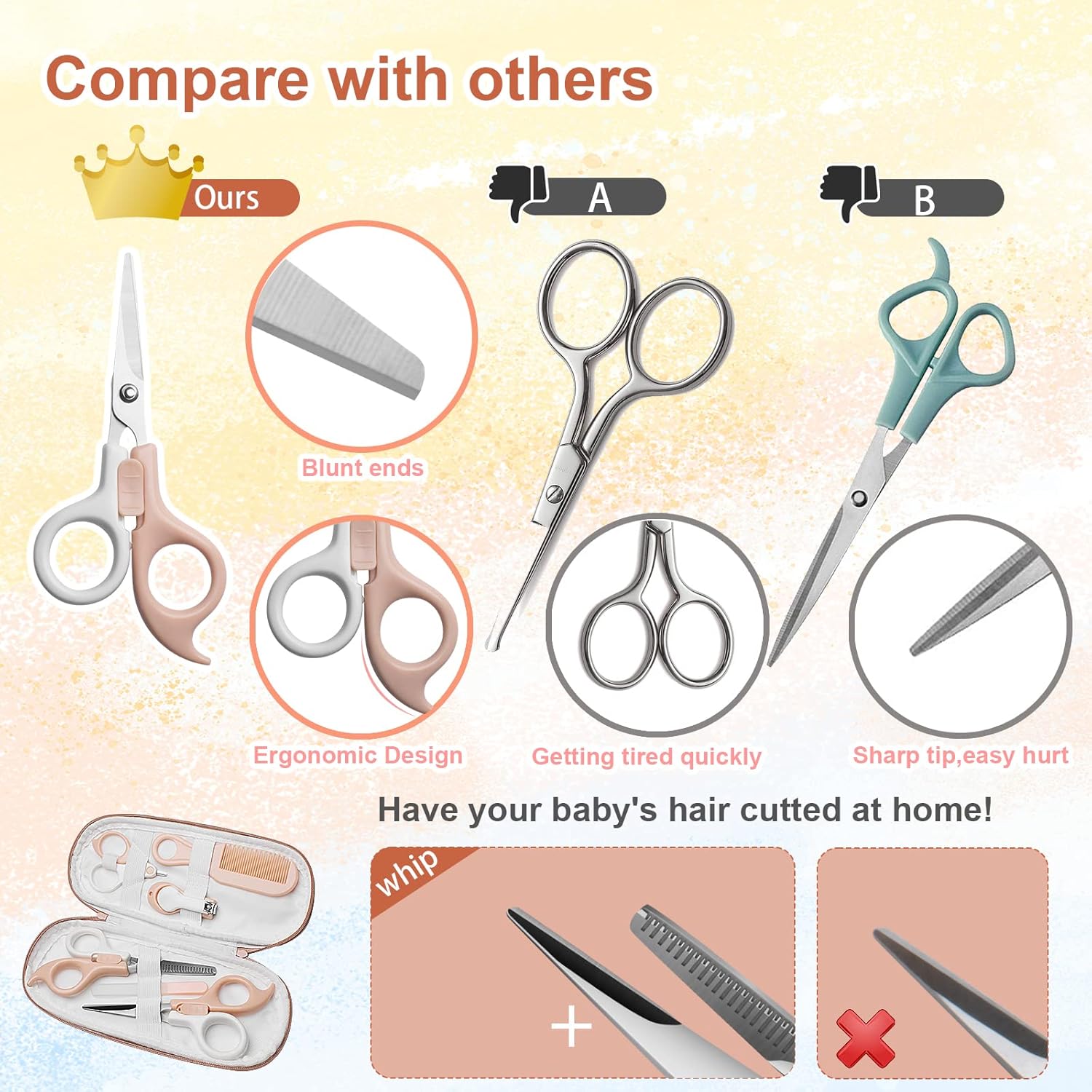 Tijeras de pelo para bebés, kit de corte de pelo y uñas, manicura y pedicura, juego de cortaúñas, lima de uñas, tijeras de adelgazamiento para