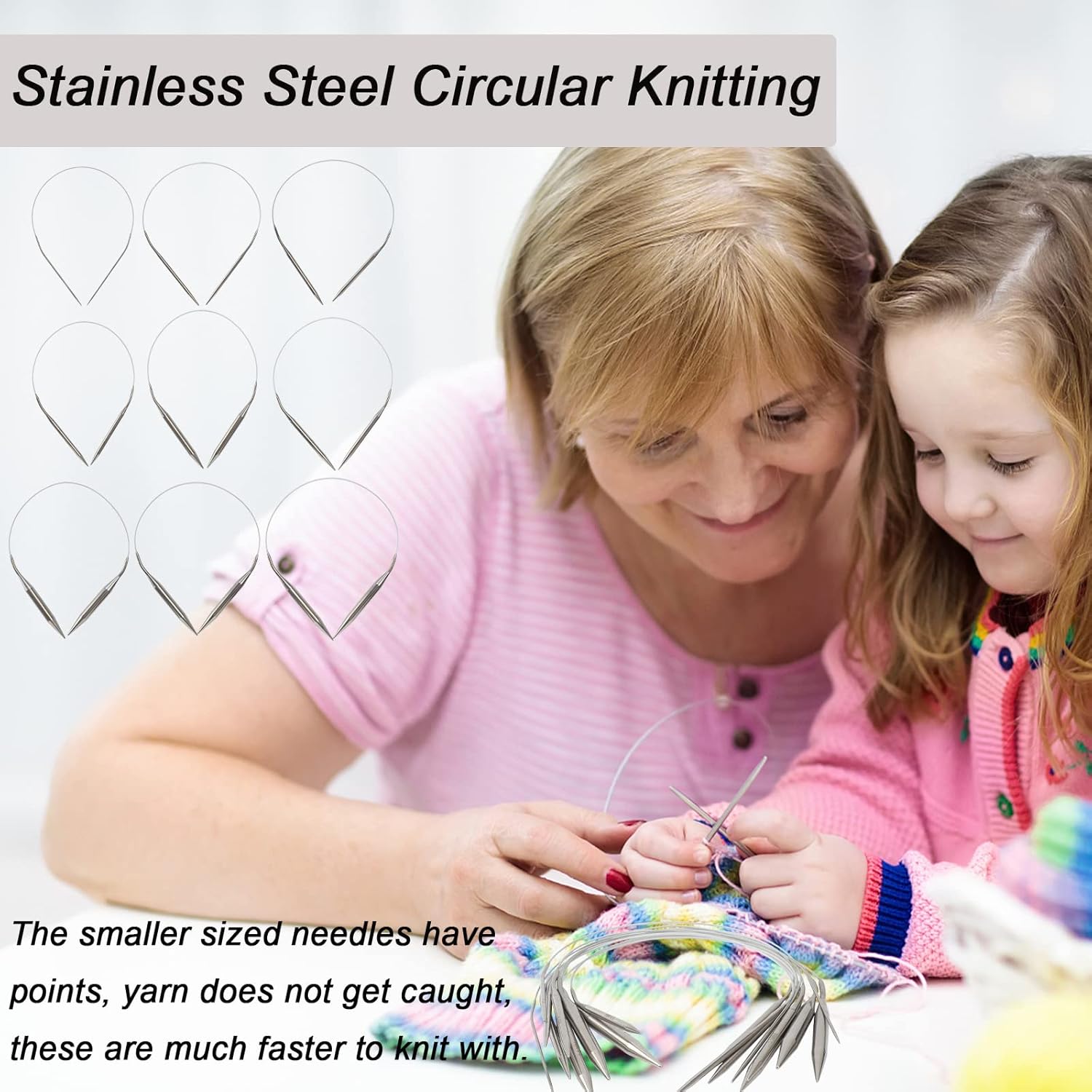 9 Pieces Size Marked US 0-15 Circular Knitting Needles Stainless Steel Knitting Needles Set for Beginner (16 Inch)