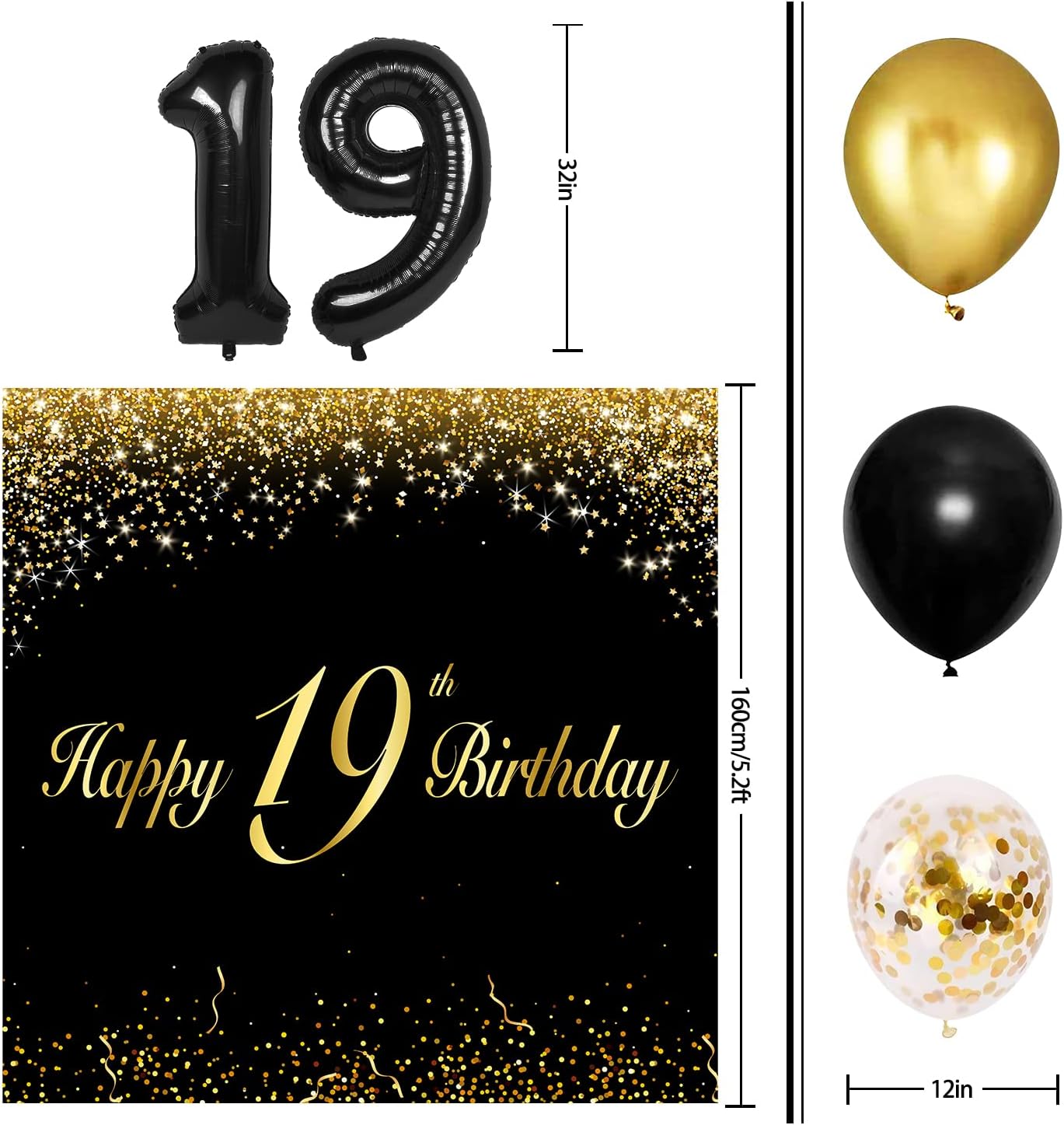 Juego de globos negros de feliz cumpleaños 19  Saludos a los 19 años de edad, decoración de telón de fondo para mujeres y hombres