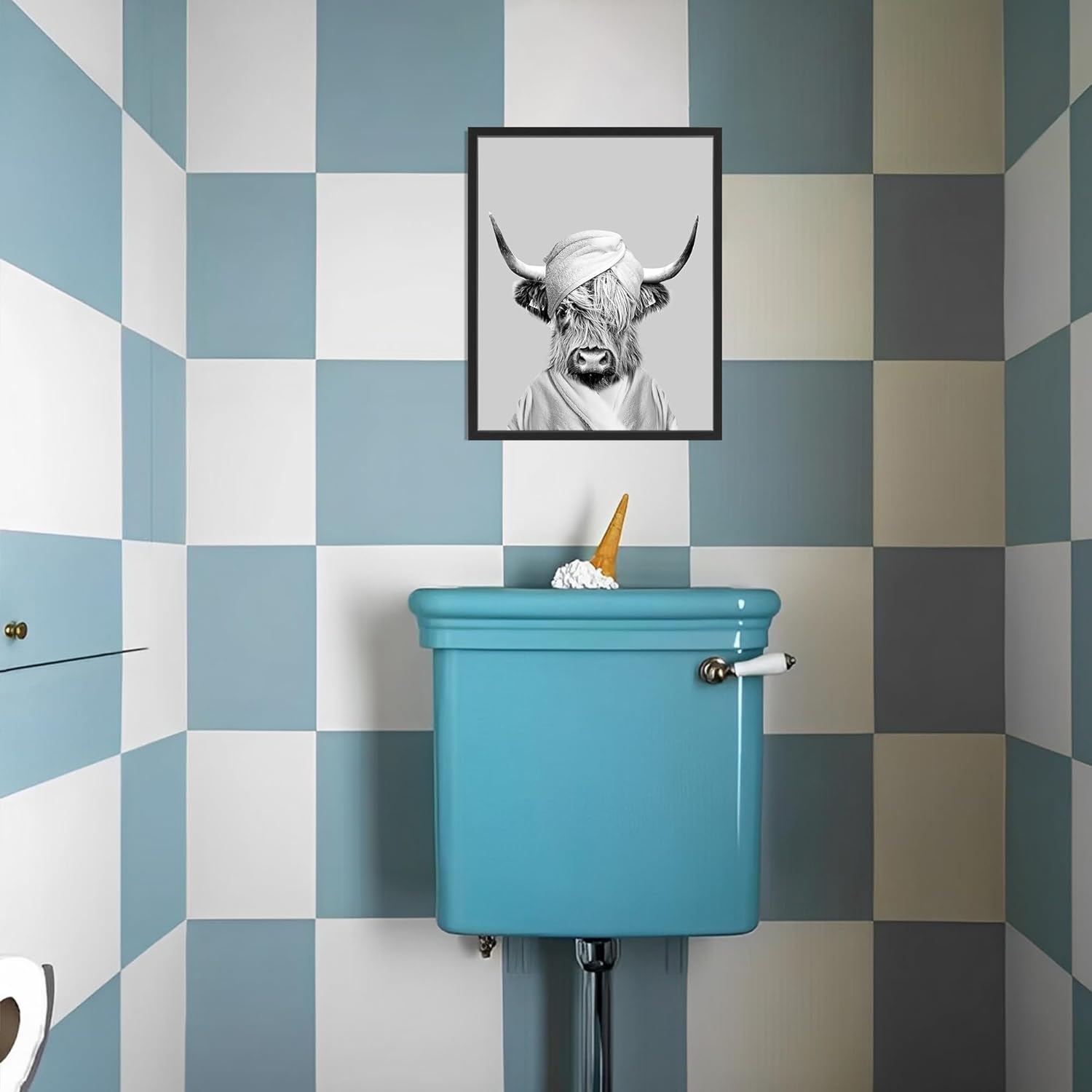 jenesaisquoi Highland Cow – Arte de pared para decoración de baño, lienzo con marco en blanco y negro, impresiones artísticas de animales
