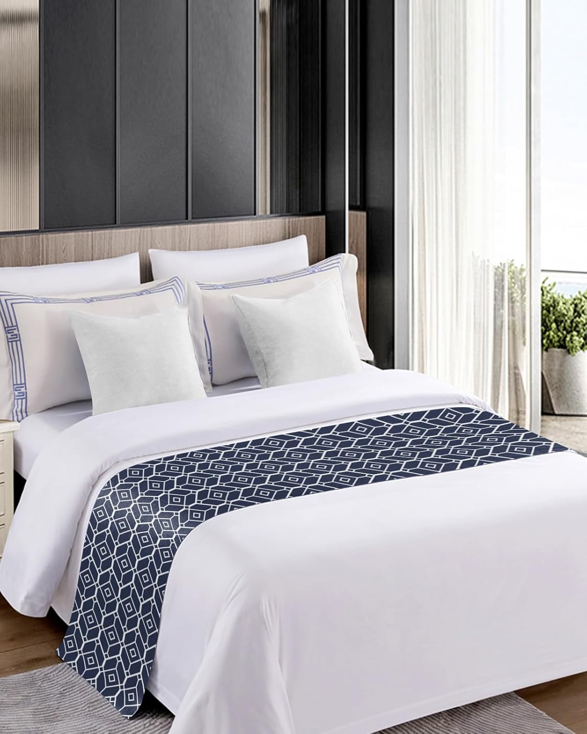 Navy Blue Bed Runners for King Size Bed, Decorative Bed Throws for Foot of Bed, White Modern Geometric Abstract Art Aesthetics Bed Runner Sofa Throw