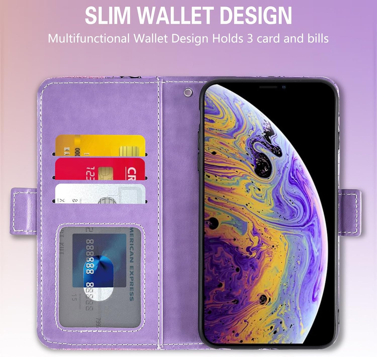 Asuwish Funda de teléfono para iPhone Xs Max con protector de pantalla y correa para la muñeca, soporte para tarjeta de crédito con purpurina