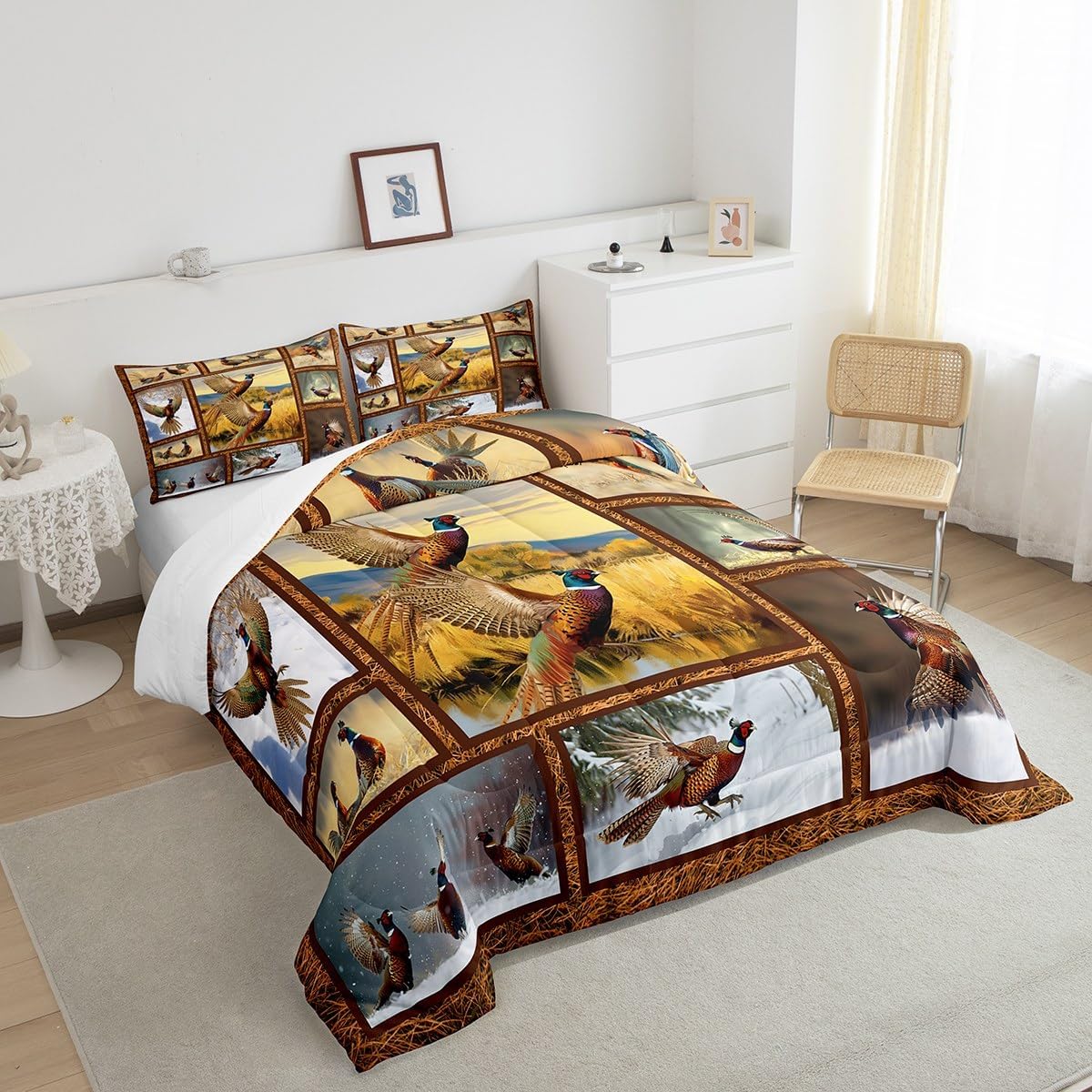 Erosebridal Juego de edredón de faisán para adolescentes y jóvenes, ropa de cama de animales de caza, tamaño individual, edredón vintage de paisaje