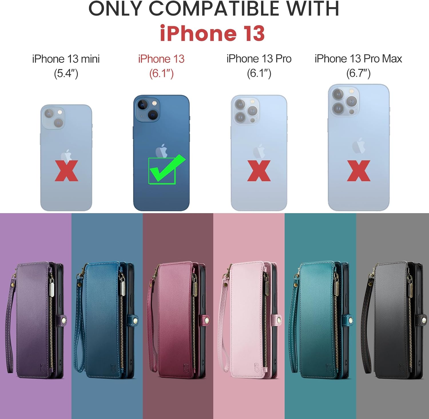 Funda tipo cartera compatible con iPhone 13 con tarjetero, bloqueo RFID, cremallera, para iPhone 13, cartera y muñequera, de piel sintética,