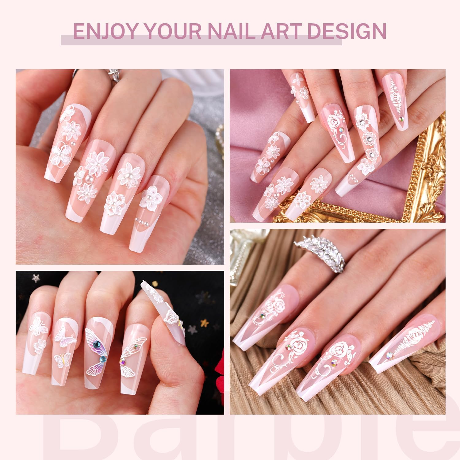 Calcomanías de arte de uñas de flores 5D, 3 hojas en relieve, huecas, exquisitas pegatinas 3D, autoadhesivas, encaje blanco, hojas florales, plumas,