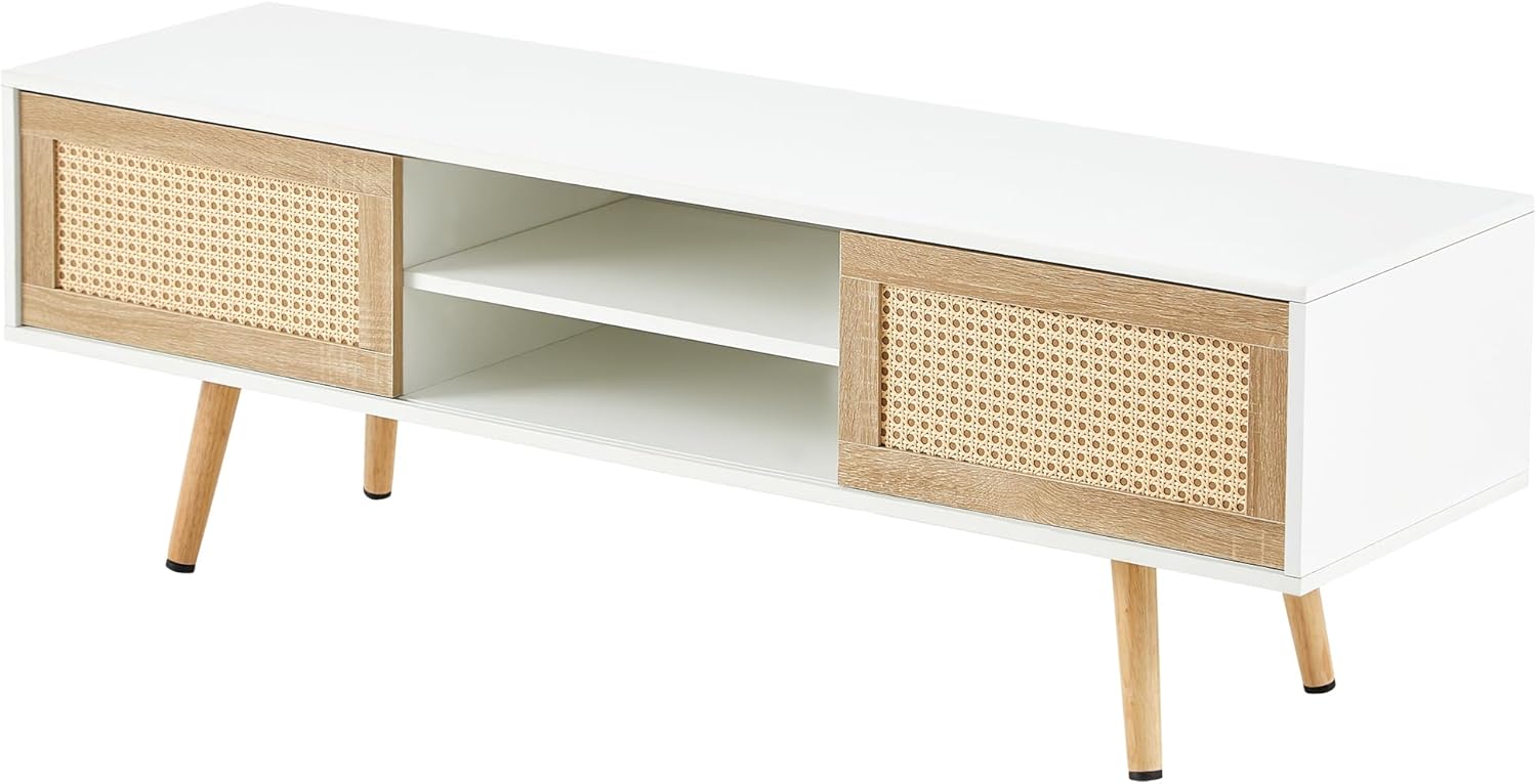 Soporte de TV de madera para TV de más de 65 pulgadas, soporte de televisión bohemio con puertas correderas de ratán natural y estantes ajustables,