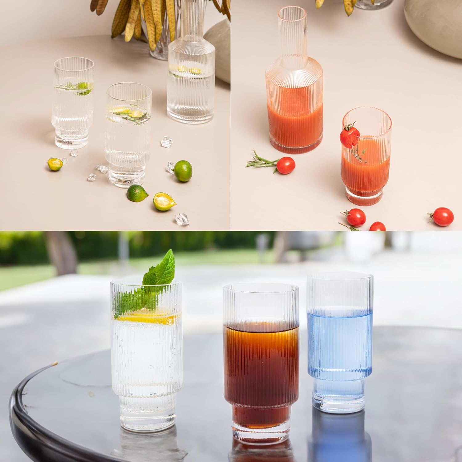POWERLIX Juego de 4 vasos acanalados con jarra, juego de 4 vasos acanalados, cristalería acanalada vintage para cócteles, whisky, cerveza, batido,