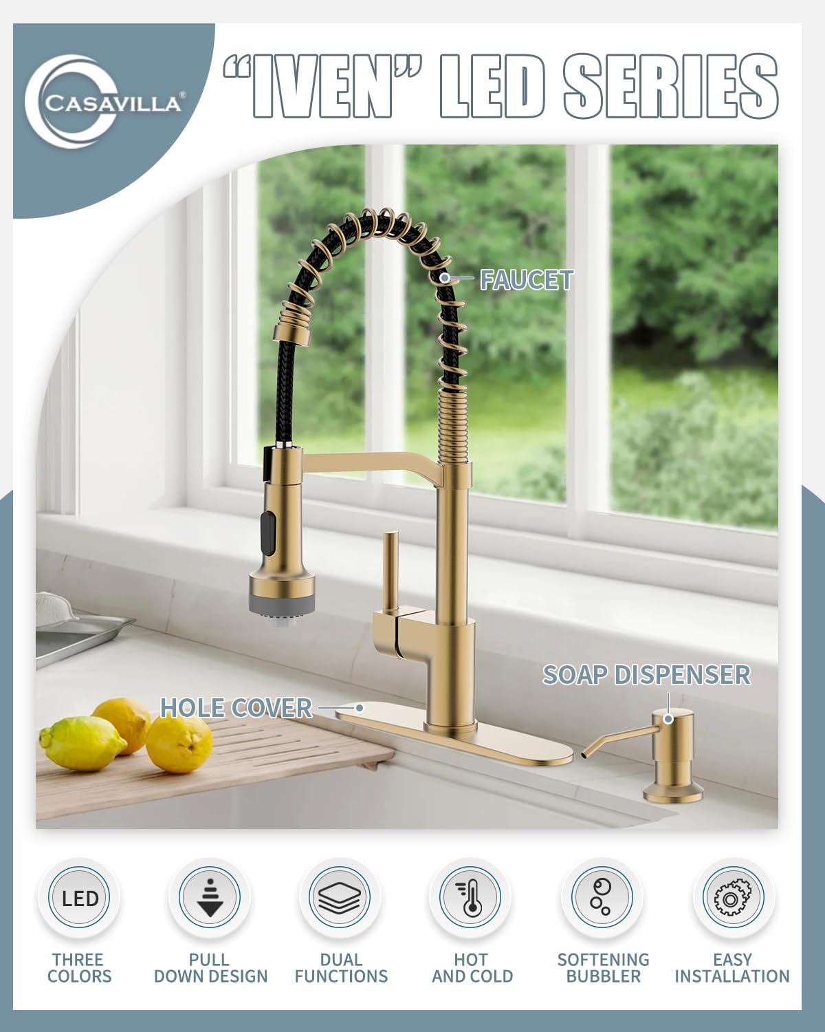 Grifo de cocina LED con dispensador de jabón, grifo de cocina dorado, grifo para fregadero de cocina, grifo de acero inoxidable de una sola manija